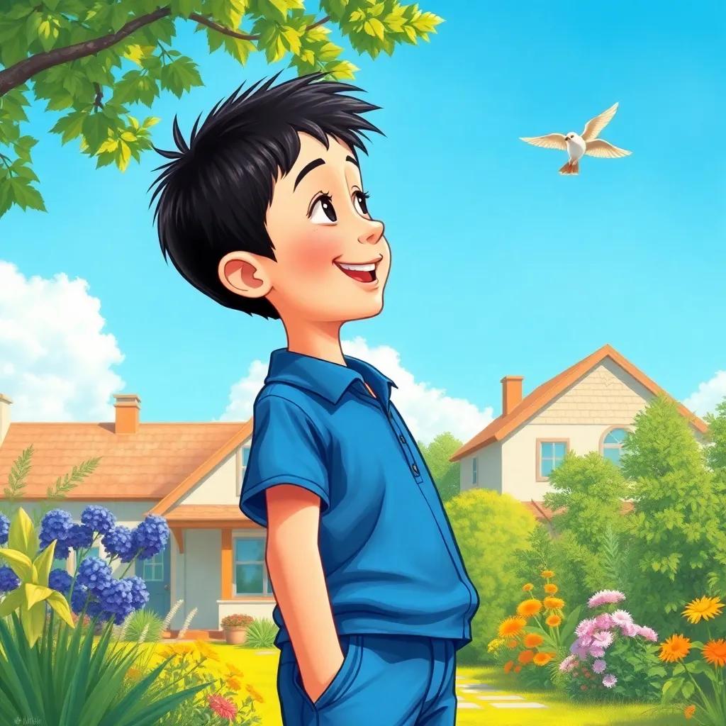 Sami, a young boy with short black hair in a blue shirt and shorts, smiling as he watches a small bird fly away into the clear blue sky on a sunny day, with his home and gardens in the background, joyful moment, detailed illustration, bright colors, uplifting scene, high quality