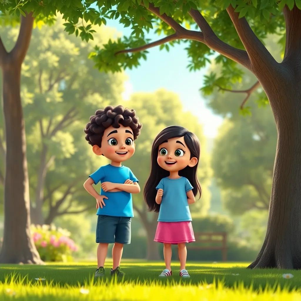 A sunny park scene with two children, a young Arab boy named Yusuf with curly hair, wearing a blue t-shirt and shorts, and his sister Mariam with long dark hair, wearing a pink dress, talking excitedly under a tree, bright colors, cheerful atmosphere, child-friendly, high quality