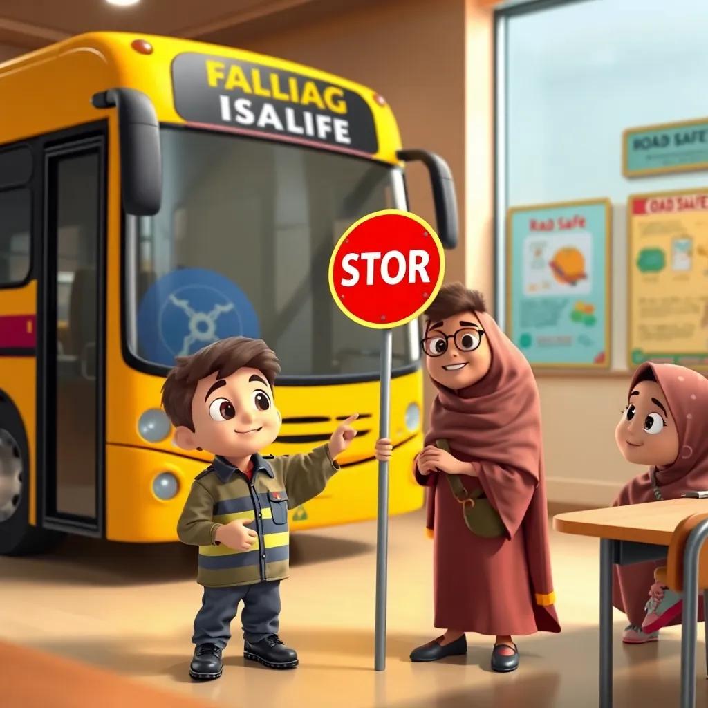 A traffic safety school setting with a big bus and a friendly police officer in a uniform, young Arab boy Yusuf holding a safety sign, young Arab girl Mariam listening attentively, classroom with colorful posters about road safety, engaging and fun environment, digital art, interactive learning, high quality