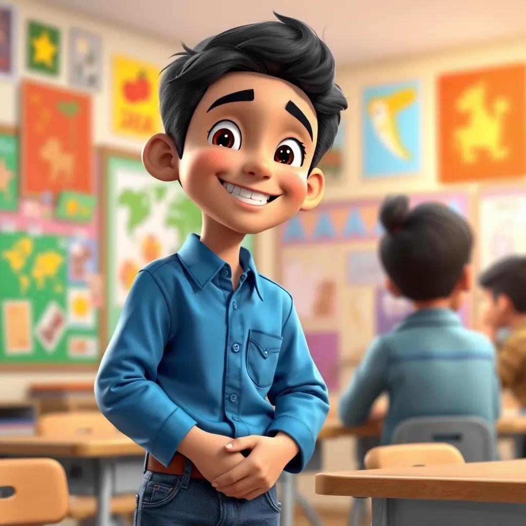 A cheerful young Arab boy, Sami, with short black hair, wearing a blue shirt and jeans, smiling as he talks to his teacher in a bright classroom filled with colorful posters, digital art, warm colors, bright atmosphere, high quality