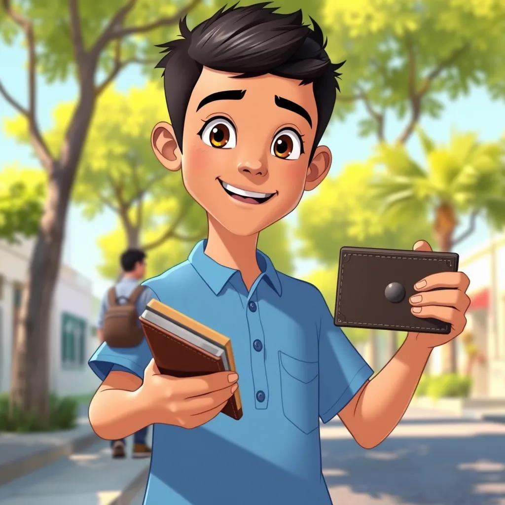 Sami, a young Arab boy, with short black hair, wearing a blue shirt, proudly returning a lost wallet to a man, in a sunny street with trees, illustrating kindness and honesty, cheerful style, colorful, heartwarming view, high quality