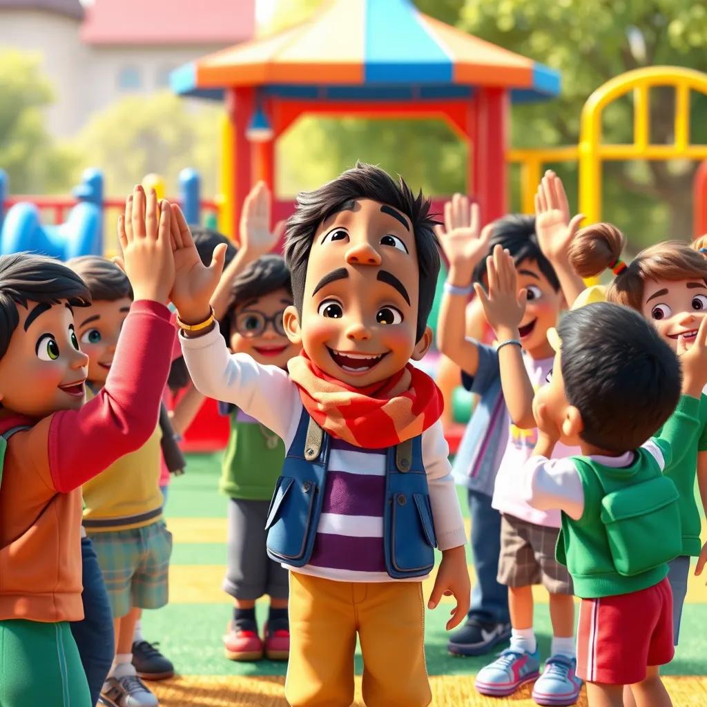 A happy scene showing Sami's classmates around him, celebrating and high-fiving him for being honest, in a colorful playground, kids of diverse backgrounds, joyful atmosphere, vibrant colors, playful sense, high quality