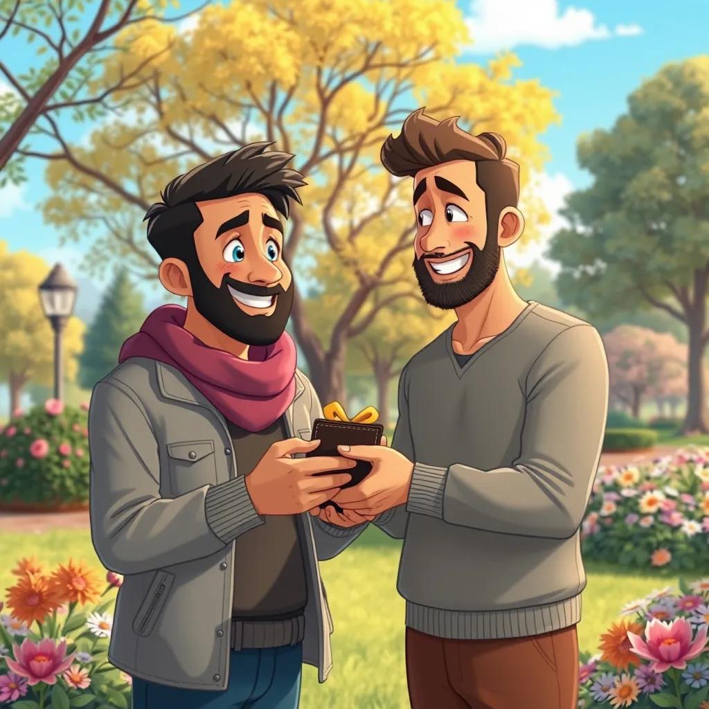 The man who lost the wallet giving Sami a small gift, both smiling, surrounded by a park with flowers and trees, a beautiful day with blue skies, heartwarming, illustrative art, inviting feel, high quality