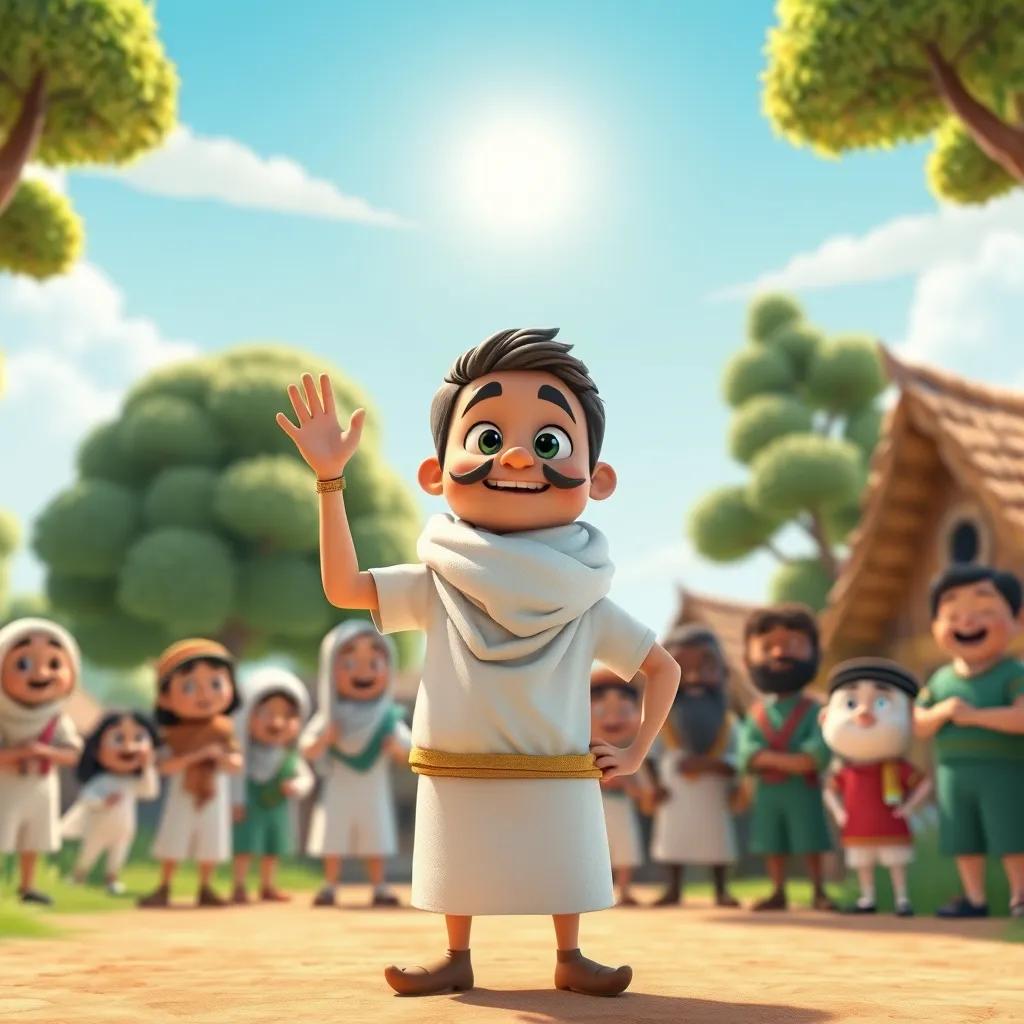 Sami proudly standing in front of his friends in the village, with a sunny sky and trees behind him, symbolizing honesty and kindness, bright colors, cheerful perspective, cute and uplifting, high quality