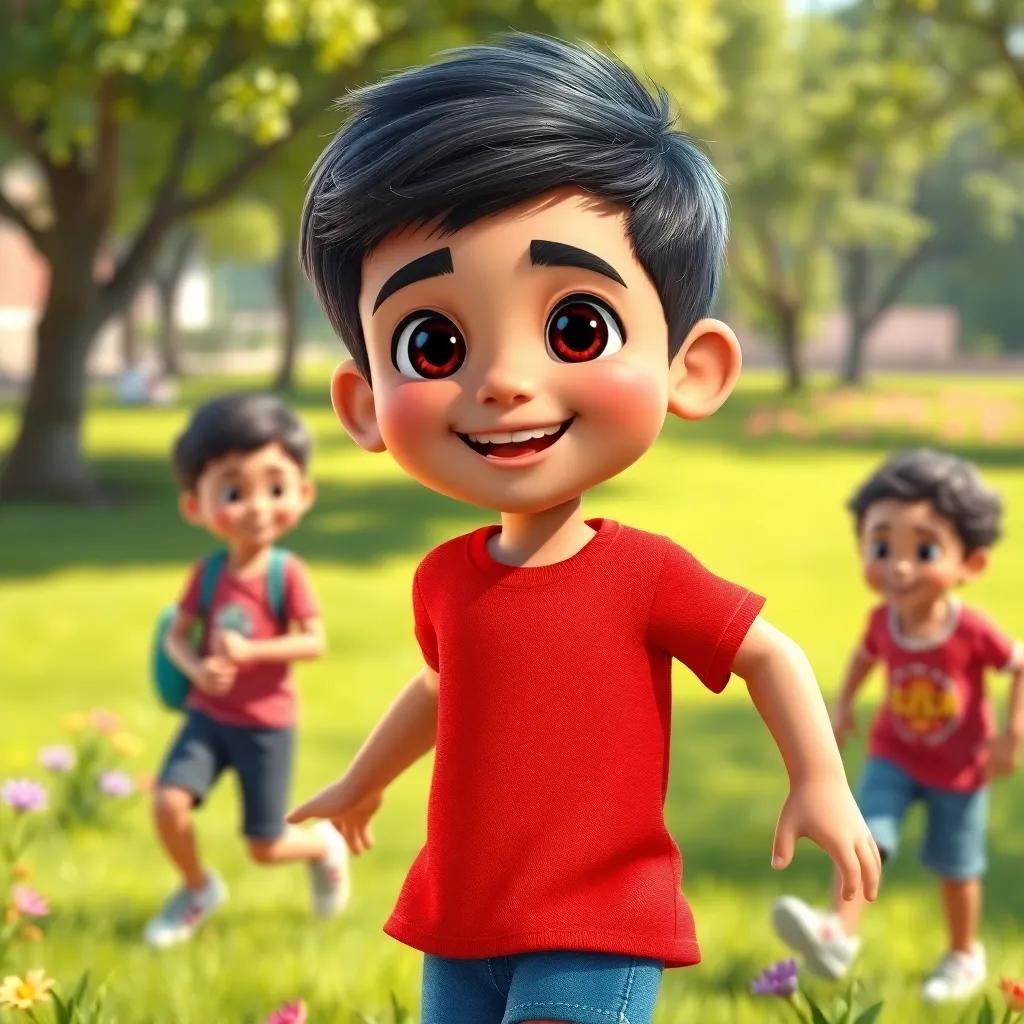 A young Arab boy, Sami, with short black hair, wearing a bright red t-shirt and blue shorts, playing with friends in a sunny park with green grass and colorful flowers, digital art, cheerful, vibrant colors, joyful atmosphere, high quality