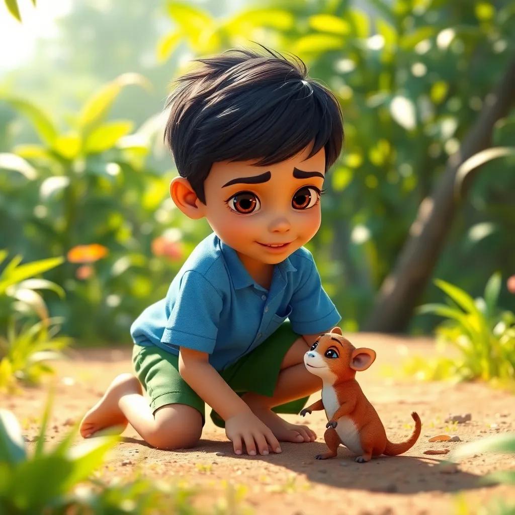 A young Arabic boy, Sami, with short black hair, wearing a blue shirt and green shorts, kneeling in a garden looking at a little injured animal with concern, bright sunlight, cheerful colors, jungle like environment, charming atmosphere, high quality