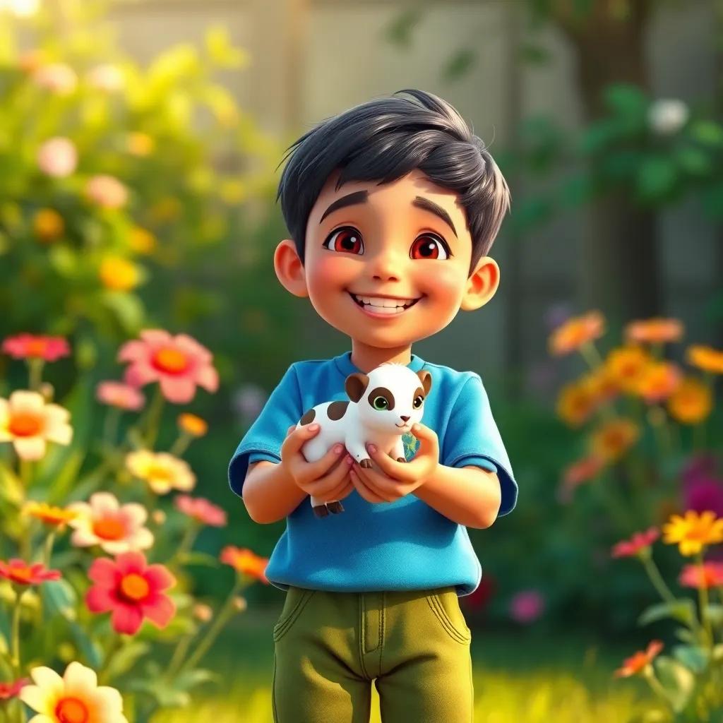 Sami, a young Arabic boy, with short black hair, wearing a blue shirt and green shorts, holding a small healed animal in his hands, smiling happily with a sunny garden background and flowers blooming around, joyful colors, warm light, uplifting moment, high quality