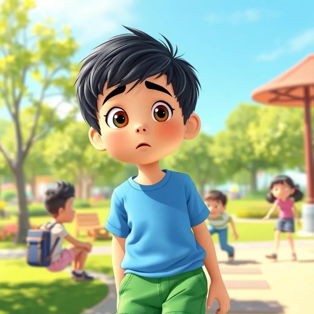 A young boy, Ali, with short black hair, wearing a blue t-shirt and green shorts, looking surprised while playing with friends in a sunny park, colorful, cheerful atmosphere, digital illustration, high quality