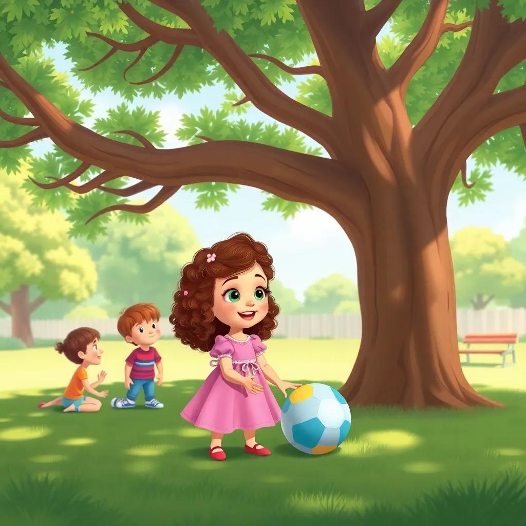 A small girl, Sarah, with curly brown hair, wearing a pink dress, smiling and helping friends find a ball under a big tree in a sunny park, bright colors, friendly scene, illustration, playful vibe