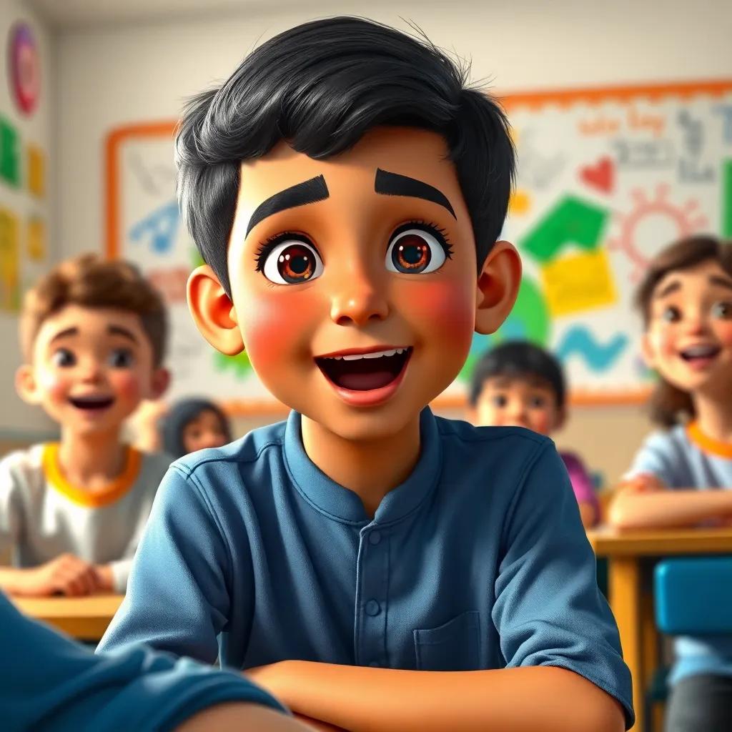 A young Arab boy, Hassan, with short black hair wearing a blue shirt, sitting in a classroom with friends, excited expression, colorful drawings on the wall, digital art, bright light, cheerful atmosphere, high quality