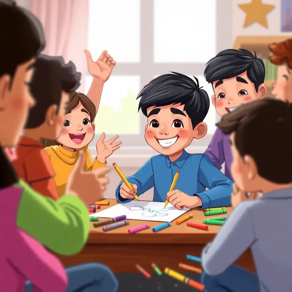 Hassan, a young Arab boy with short black hair in a blue shirt, drawing happily at his desk surrounded by friends cheering him on, colorful crayons scattered around, illustration, vibrant colors, joyful environment, child-friendly