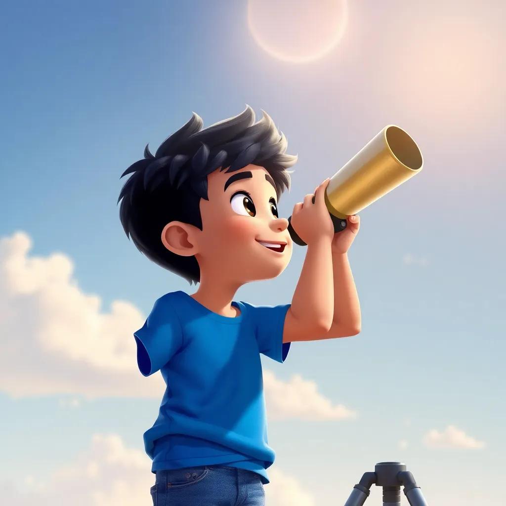 A young Arab boy, Ali, with short black hair, wearing a blue t-shirt and jeans, looking up at the sky with a telescope, excited and determined, under a bright sun, cheerful atmosphere, vibrant colors, digital art, highly detailed