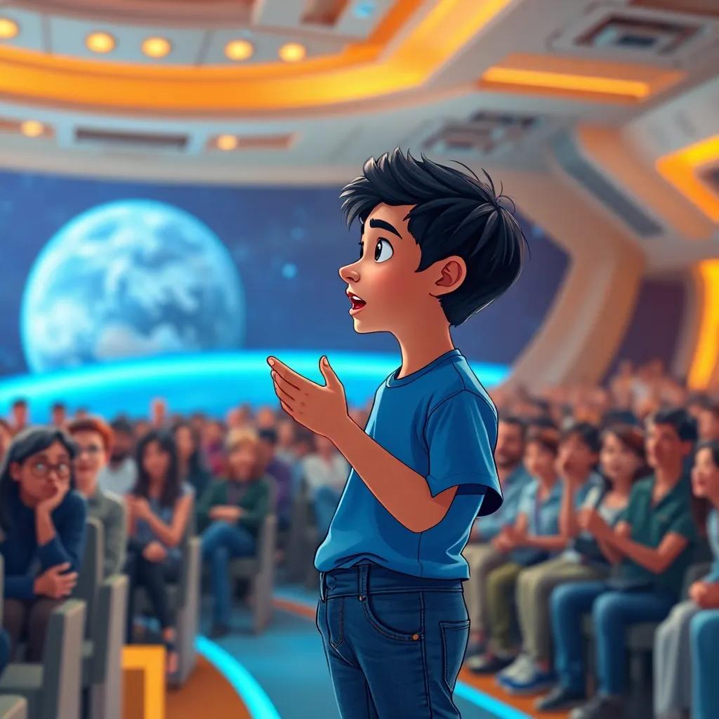 Ali, a young Arab boy with short black hair in a blue t-shirt and jeans, speaking confidently at a space conference, with an audience captivated and excited, futuristic setting, bright lights, inspiring atmosphere, illustration, warm colors, high quality