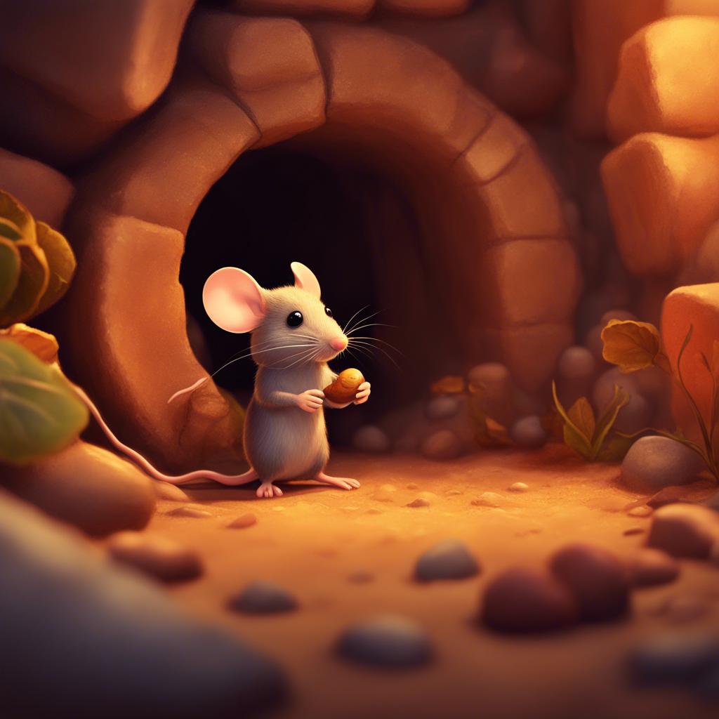 A small mouse named Mimi, exploring his underground home with curiosity, cute, detailed digital art, warm colors, inviting atmosphere, high quality