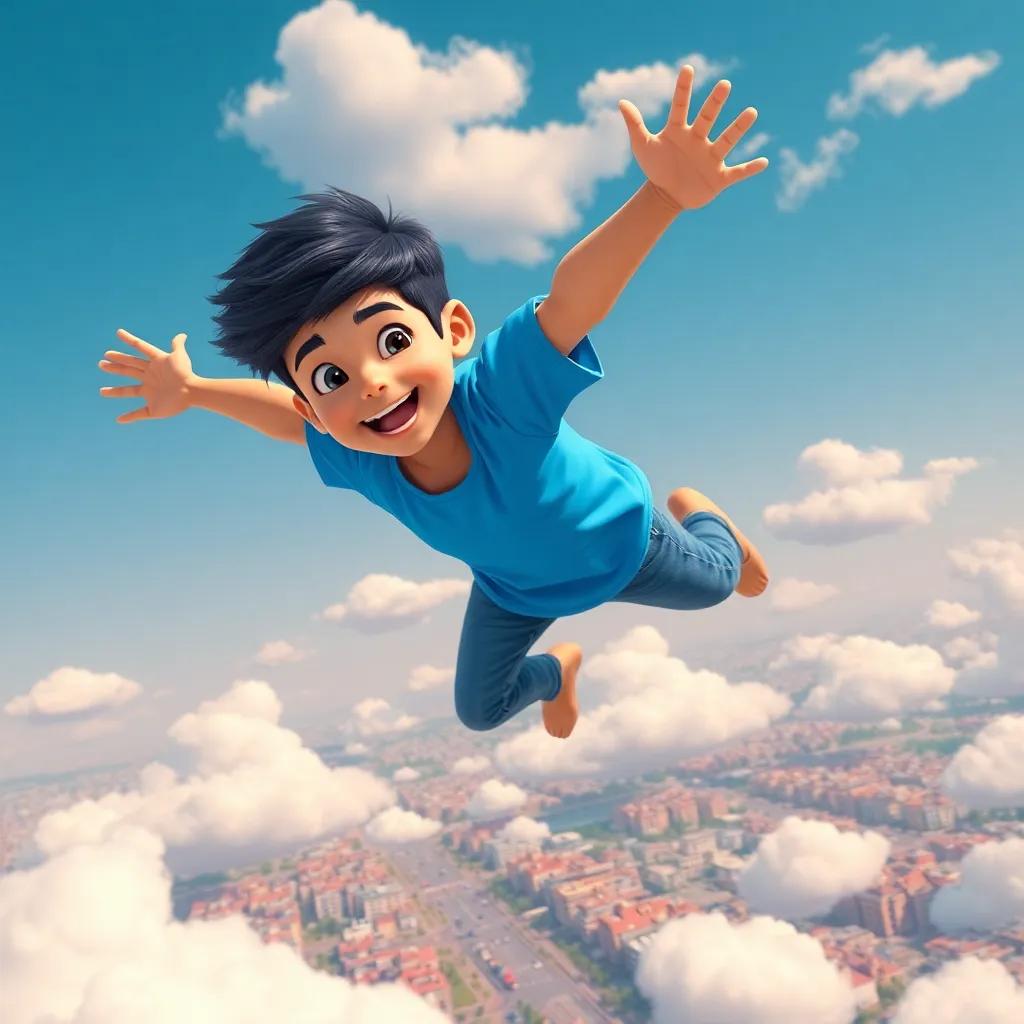 A young Arab boy, Ali, with short dark hair, wearing a bright blue t-shirt and jeans, flying high in the sky above a small city with fluffy white clouds, joyful and adventurous, digital art, vibrant colors, uplifting atmosphere, high quality