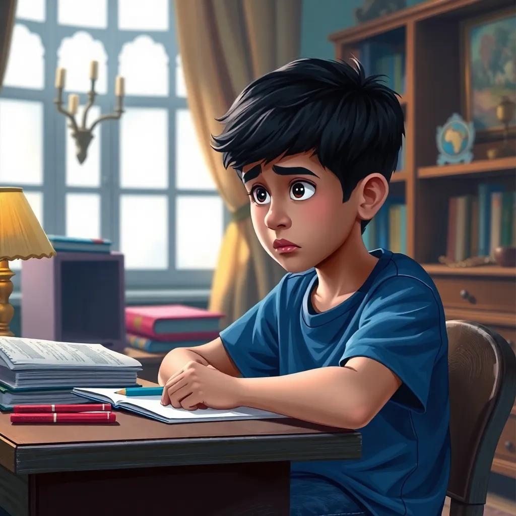 A young Arab boy, Sami, with short dark hair, wearing a blue t-shirt and jeans, sitting at a desk in a cozy room, looking worried about his homework, digital art, bright colors, inviting atmosphere, high quality