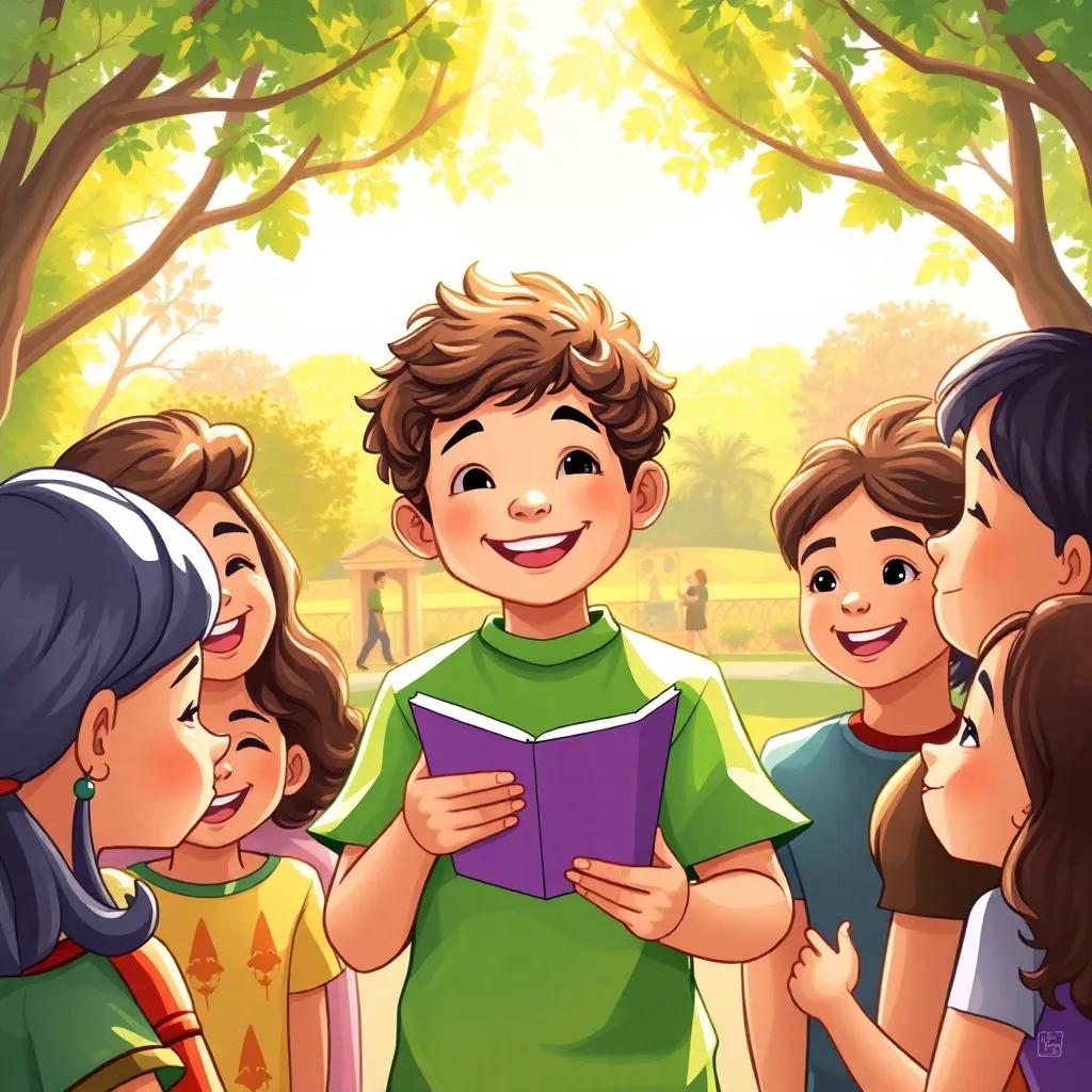 Sami, a cheerful boy with short curly hair in a bright green shirt, surrounded by his friends, sharing his poem about the beauty of nature, with smiles all around, warm sunlight streaming down, a lively park in the background, illustration, joyful, friendly vibe, high quality