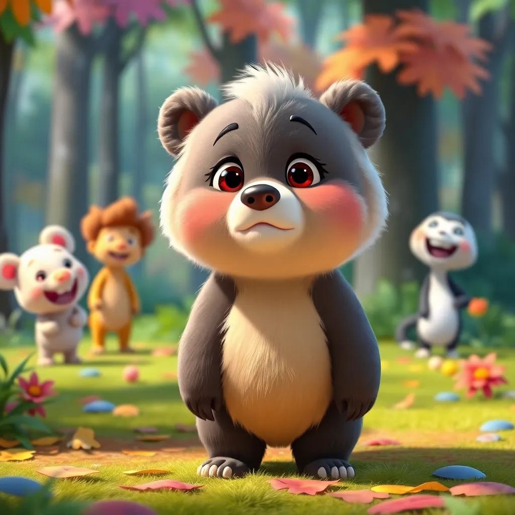 A small bear named Tutu with fluffy fur, looking determined while standing in a colorful forest with friends laughing in the background, bright colors, cheerful feel, digital art, high quality