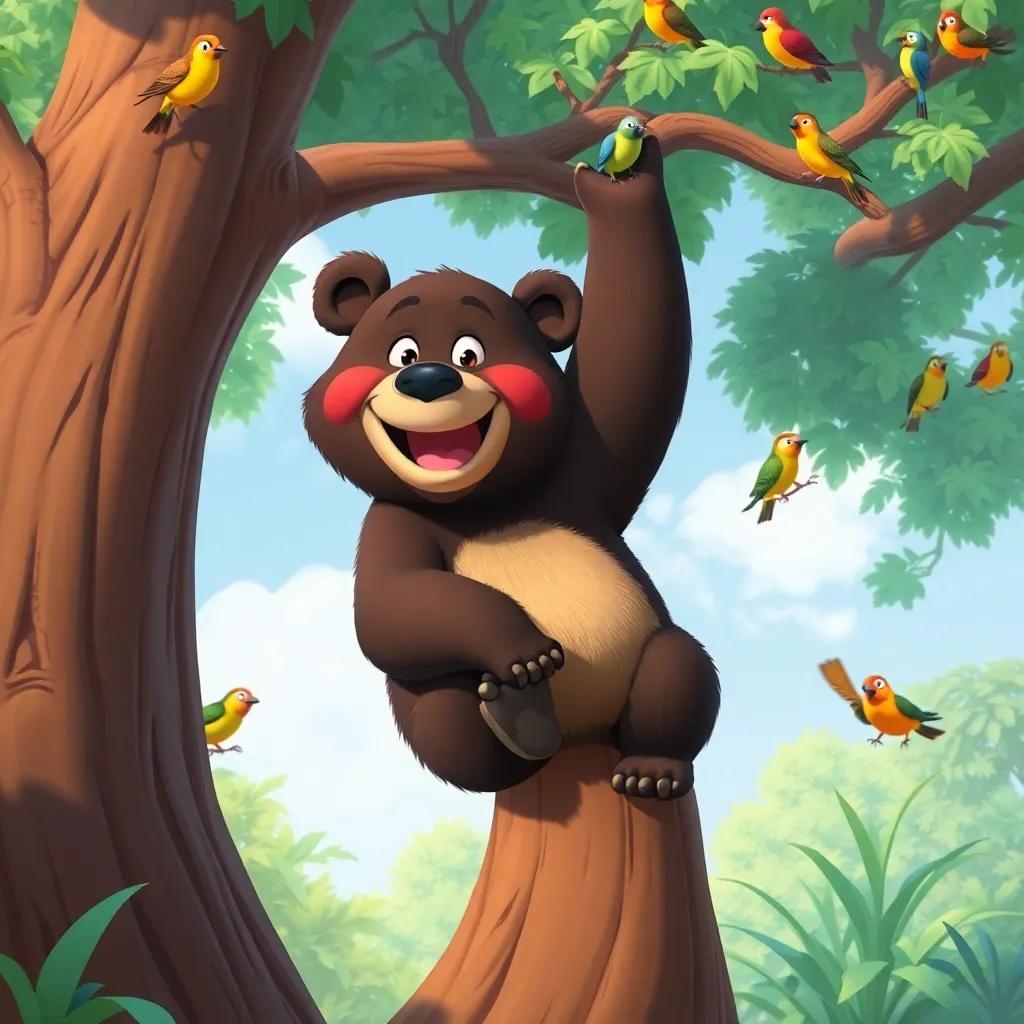 A determined bear named Tutu, climbing a big tree with a big smile, surrounded by colorful birds and lush greenery, bright and vibrant colors, illustration, uplifting