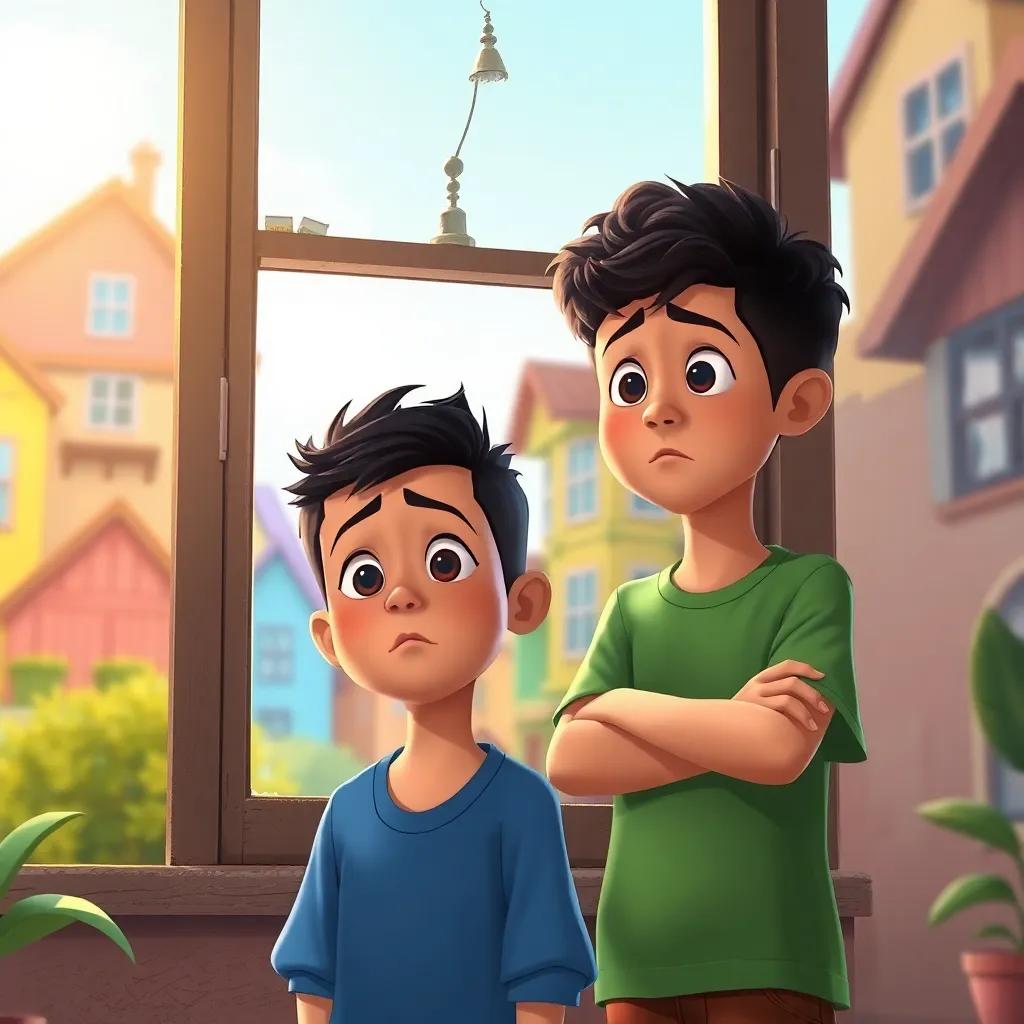 Two young boys, Samer with short black hair in a blue shirt and Tarik with short curly hair in a green t-shirt, looking worried in front of a broken window, warm light, friendly neighborhood, colorful houses, illustration, engaging, child-friendly, storytelling view, high quality