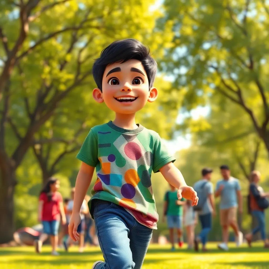 A young Arab boy, Sami, with short black hair, wearing a colorful t-shirt and jeans, joyfully playing in a sunny park surrounded by green trees and friends, cheerful atmosphere, vibrant colors, digital art, heartwarming scene