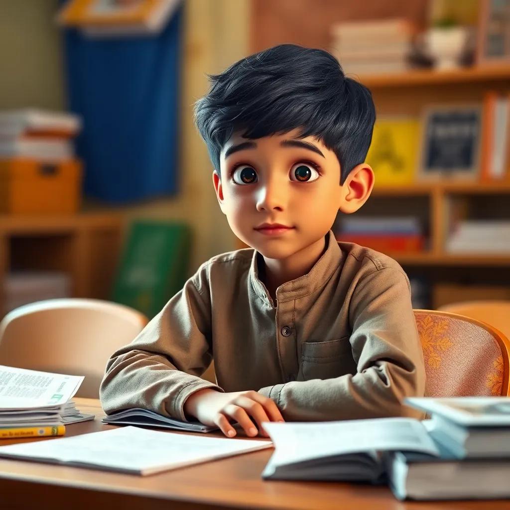 A young Arab boy, Hamad, with short black hair, wearing a simple shirt and jeans, sitting at a wooden desk with books and papers around him, looking curious and focused, digital art, vibrant colors, inviting atmosphere, warm light, child-friendly, high quality