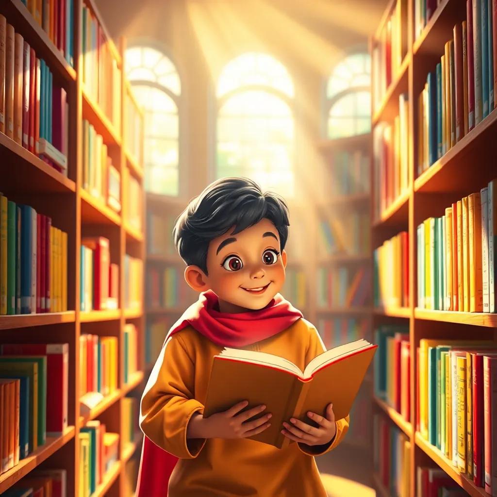 A library filled with colorful books on shelves, with Hamad reading eagerly, bright rays of sunlight coming through the windows, creating a magical atmosphere, digital art, lively colors, depth and warmth, child-friendly, high quality