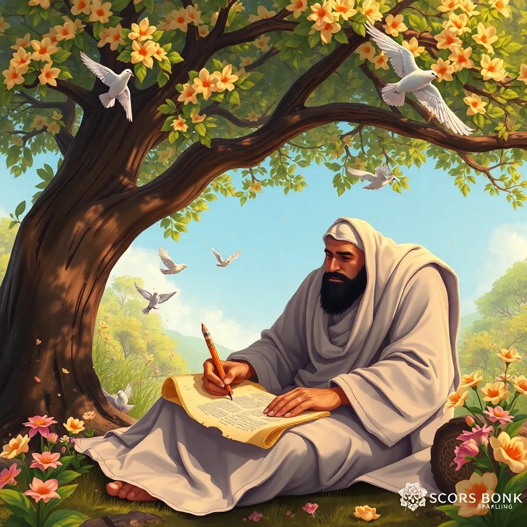 Hamad sitting under a tree, writing his story on parchment with a pencil, birds flying around and flowers blooming nearby, serene nature scene, digital painting, cheerful colors, inspirational, warm and inviting atmosphere, high quality