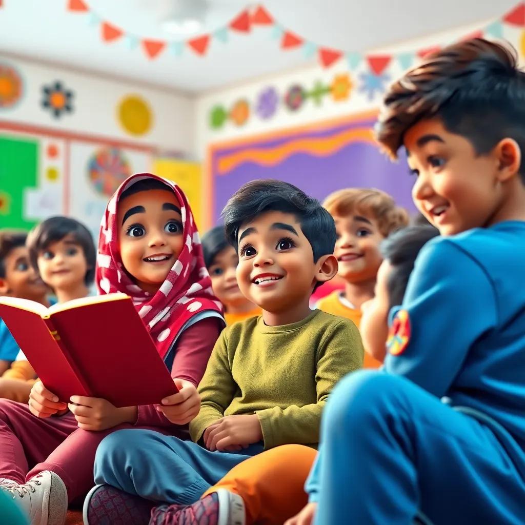 A group of children, including Hamad, sitting in a classroom, listening attentively as he reads his story, with bright decorations in the background and joyful expressions, vibrant digital art, lively colors, engaging atmosphere, high quality