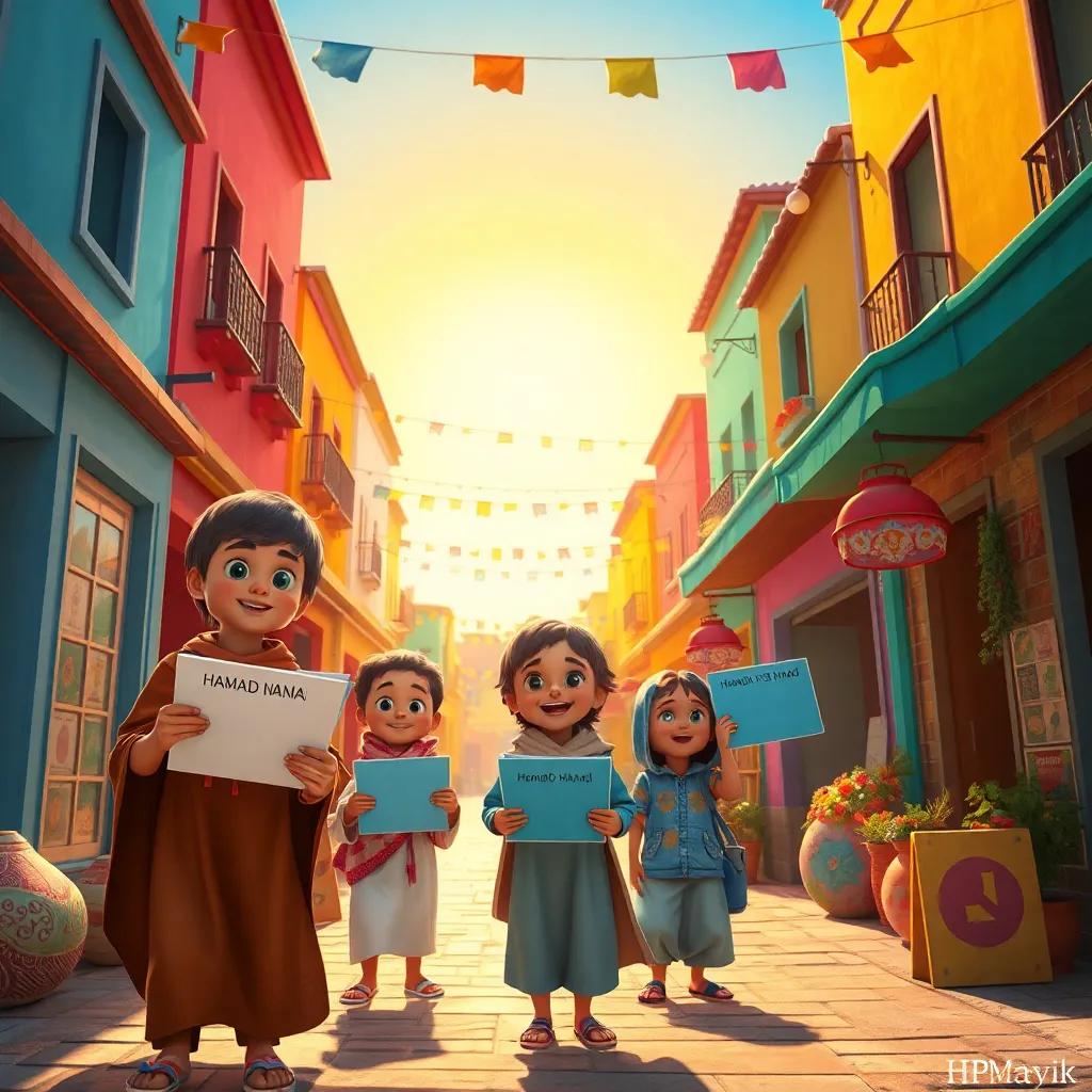 A bright sunny day in the village, with Hamad and his friends exploring the streets and reading signs, all showing curiosity and excitement, colorful buildings around, festive atmosphere, digital art, cheerful and uplifting, high quality
