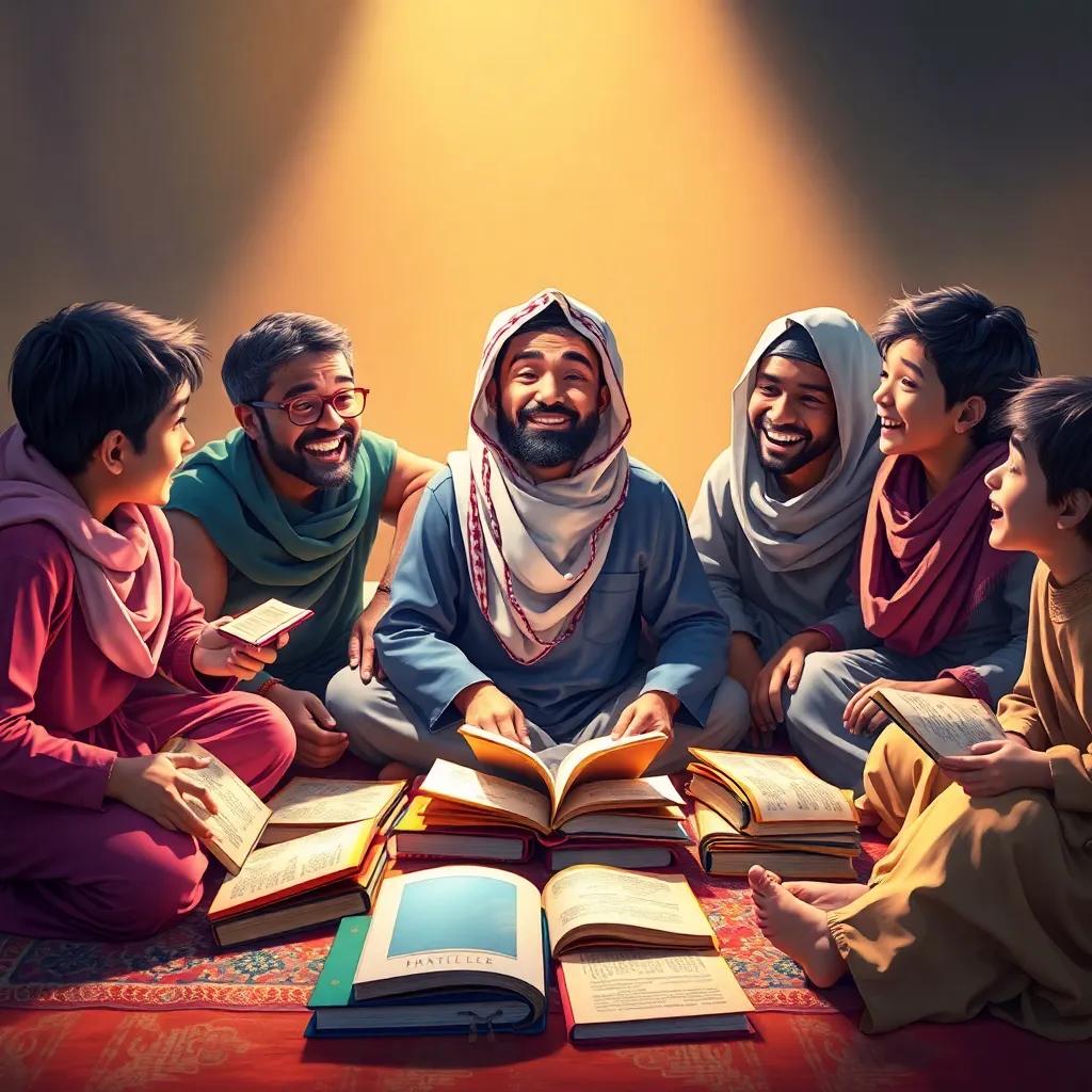 Hamad sitting on the ground with his friends, surrounded by colorful books and scrolls, all laughing and sharing stories, emphasizing the joy of learning, digital painting, warm light, engaging and friendly, high quality