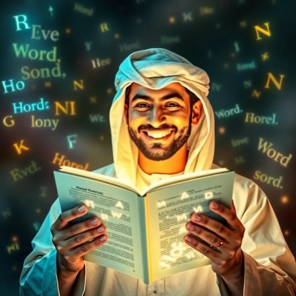 Hamad smiling while holding a book with glowing letters coming out of it, symbolizing the power of words, surrounded by floating words that represent knowledge, mystical and enchanting atmosphere, digital art, magical colors, imaginative, high quality