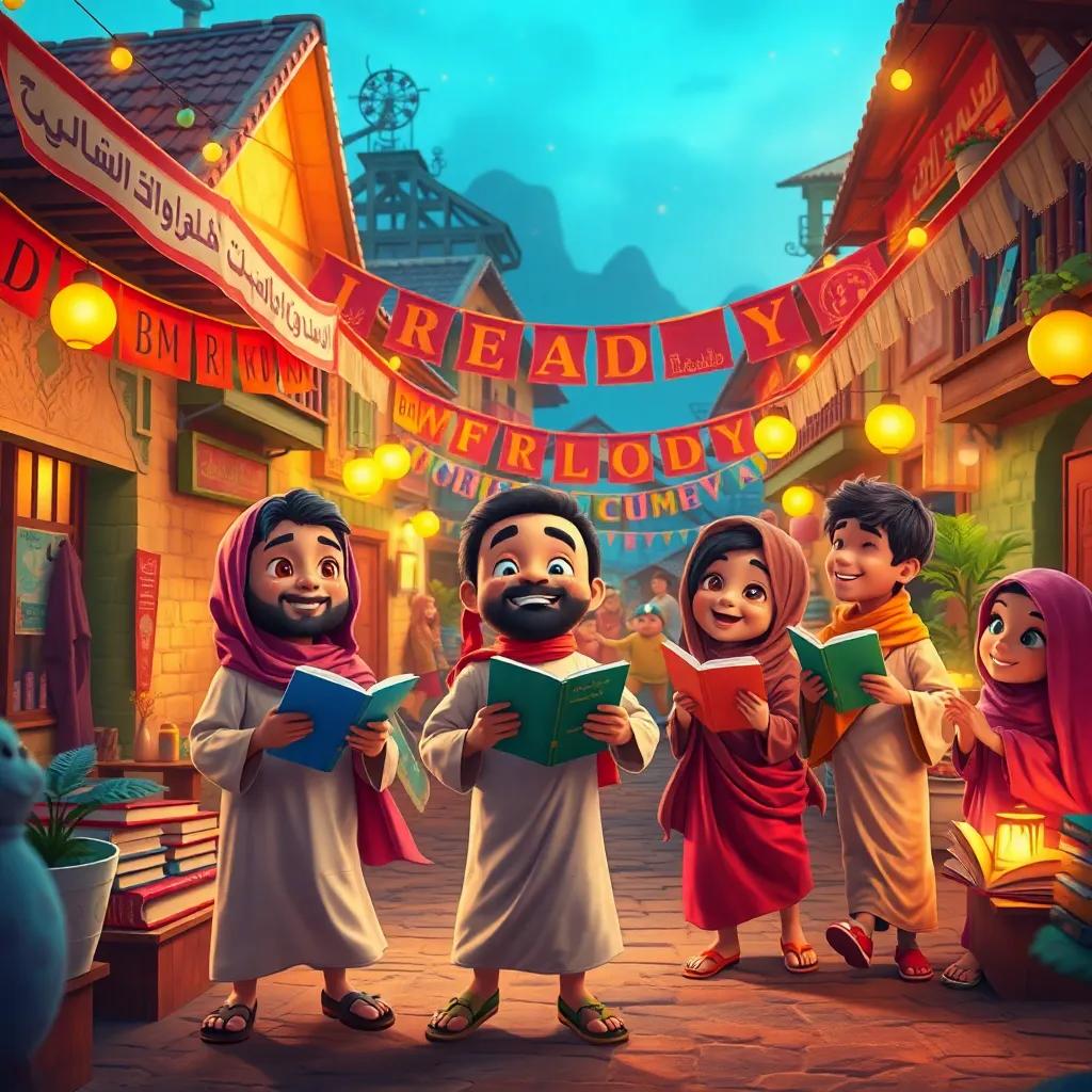 Hamad and his friends in a vibrant village celebrating their love for reading, with banners of books and words everywhere, all dancing and enjoying, festive and joyful scene, digital art, festive colors, inviting and cheerful atmosphere, high quality