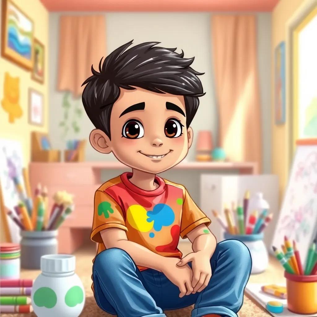 A young Arab boy, Sami, with dark hair, wearing a colorful t-shirt and jeans, sitting in his bright room surrounded by colorful drawings and paint supplies, cheerful atmosphere, vibrant colors, high-quality