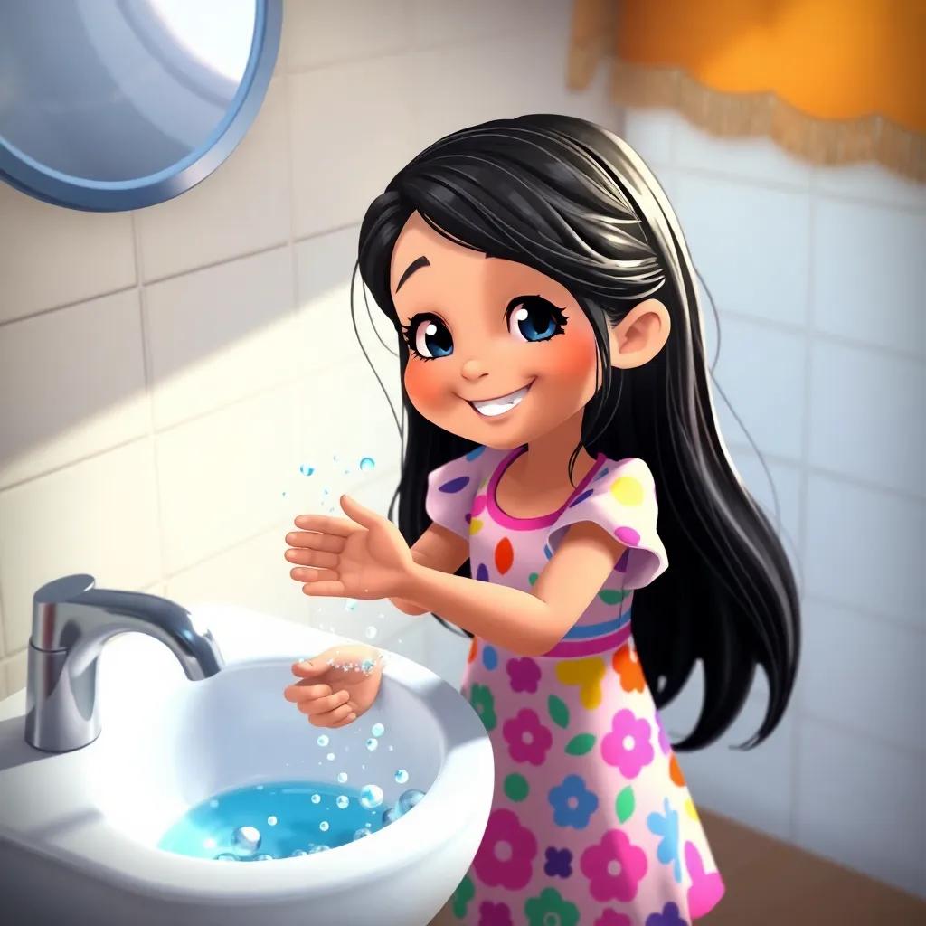 A young girl, Layla, with long black hair, wearing a colorful dress, happily washing her hands at a sink with bubbles and water splashing, digital art, cheerful atmosphere, bright colors, warm light, high quality