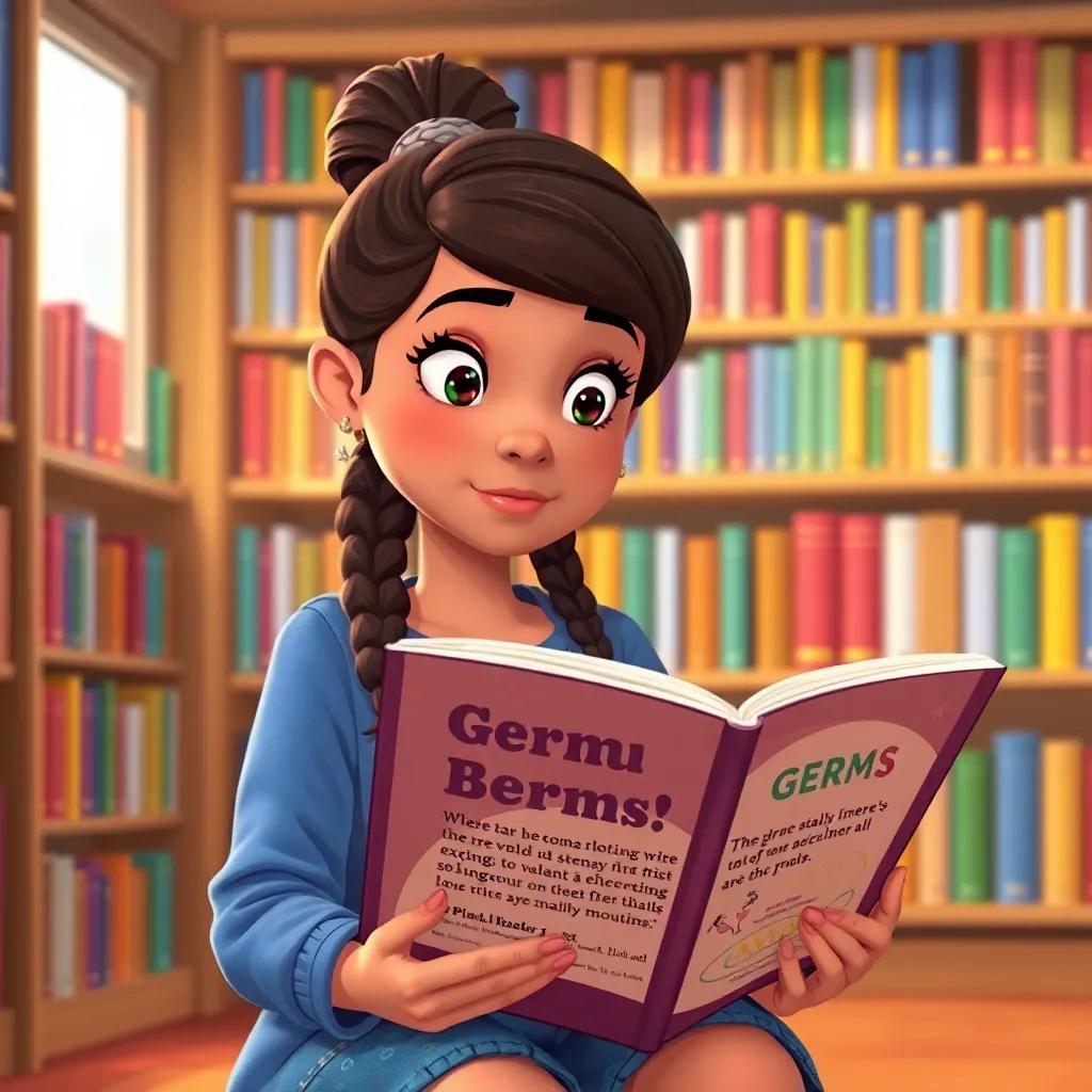 Layla reading a book in the library about germs, with shelves full of colorful books in the background, illustration, focused expression, inviting environment, warm colors, high quality