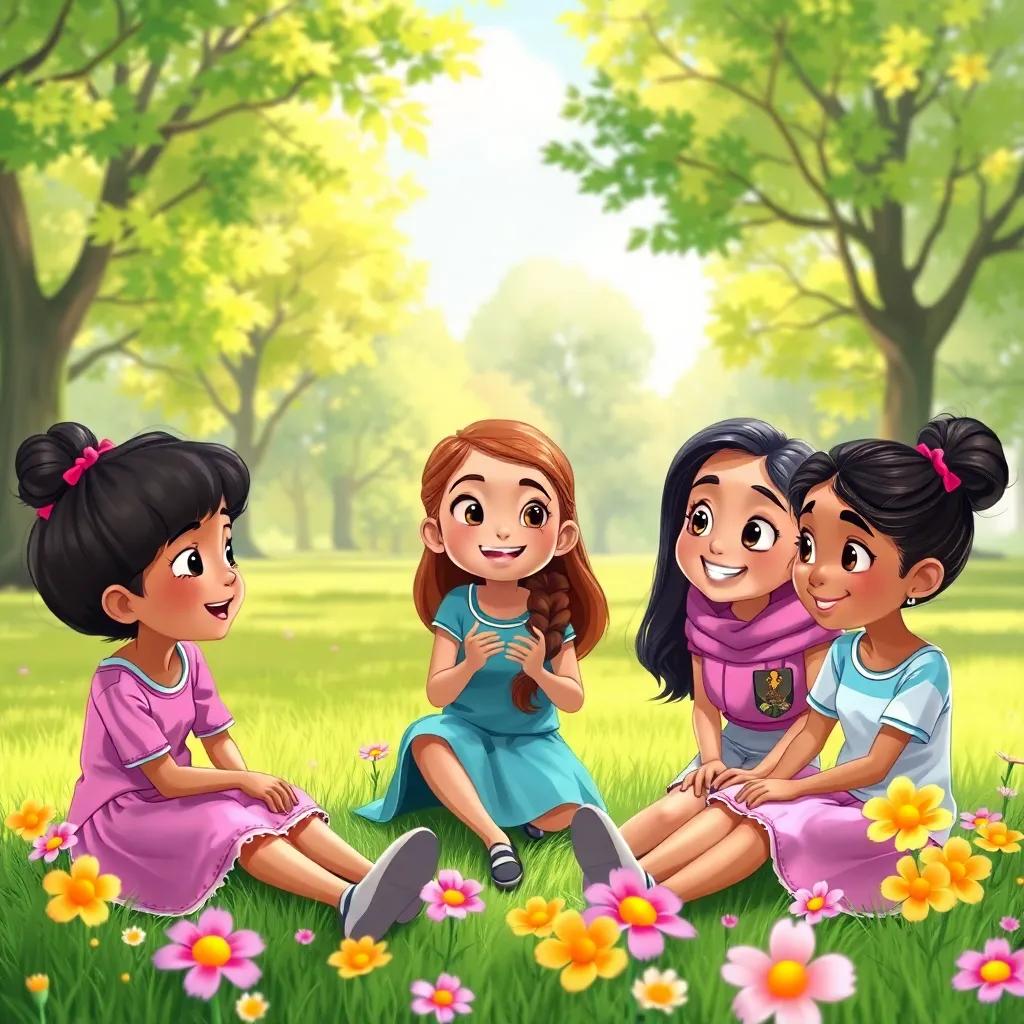 Layla talking with her friends in the park about hygiene, with all of them sitting on grass, playful expressions, bright flowers around, illustration, lively, high quality