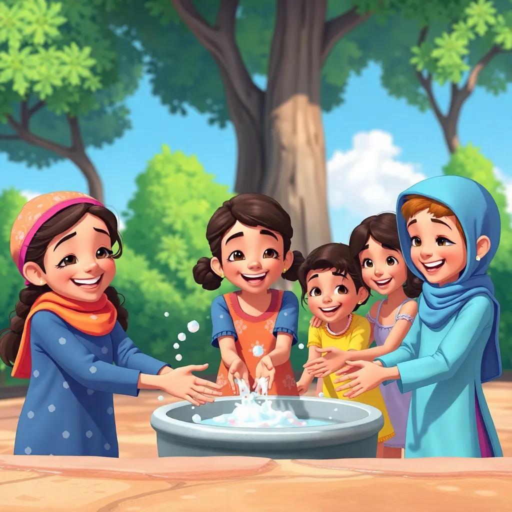 Layla and her friends washing their hands together with soap and water, smiling and laughing in a fun outdoor setting with trees, illustration, joyful atmosphere, vivid colors, high quality