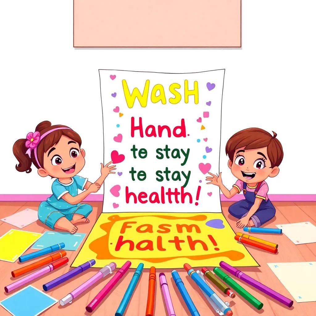 Layla and her friends creating a hygiene poster with the message 'Wash your hands to stay healthy!', colorful paper and markers spread out, illustration, vibrant and engaging, high quality