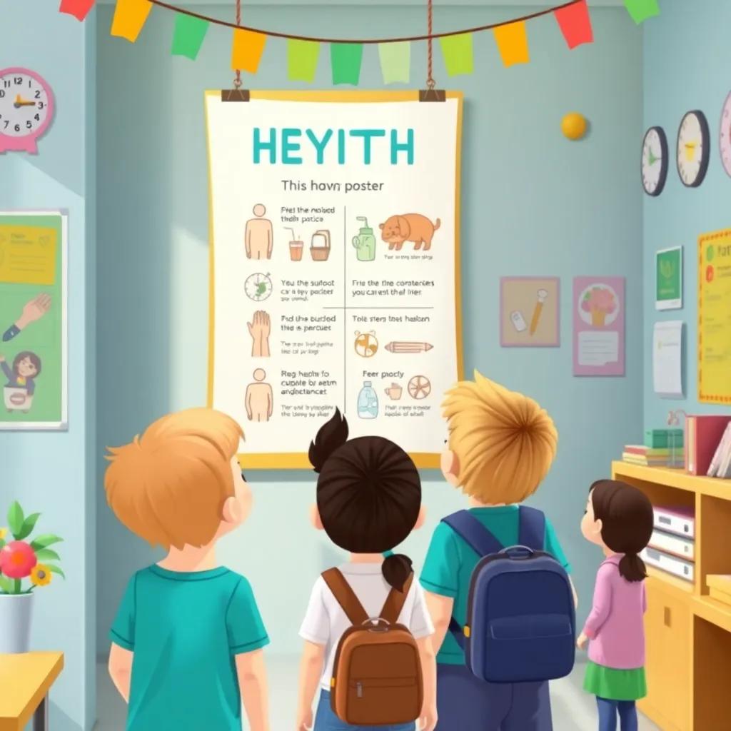 The hygiene poster hanging in the school with children looking at it, bright and colorful decorations around, illustration, cheerful, educational atmosphere, high quality
