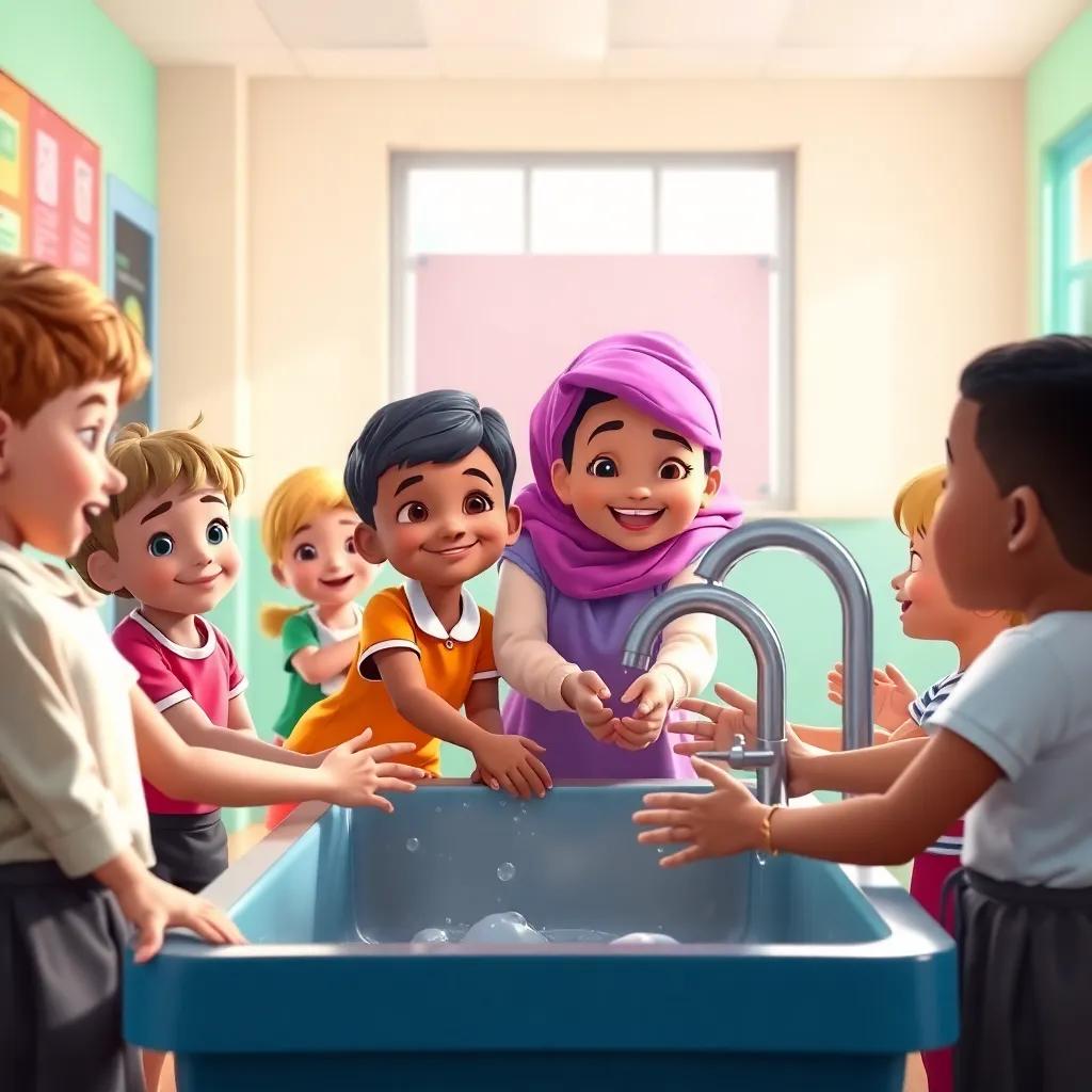 Children in the school washing their hands at a sink, with Layla leading them and smiling proudly, digital art, joyful and lively scene, bright colors, high quality