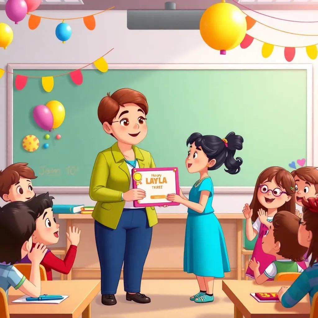 The teacher awarding Layla with a special prize in class, with classmates cheering, colorful decorations around, illustration, celebratory atmosphere, high quality