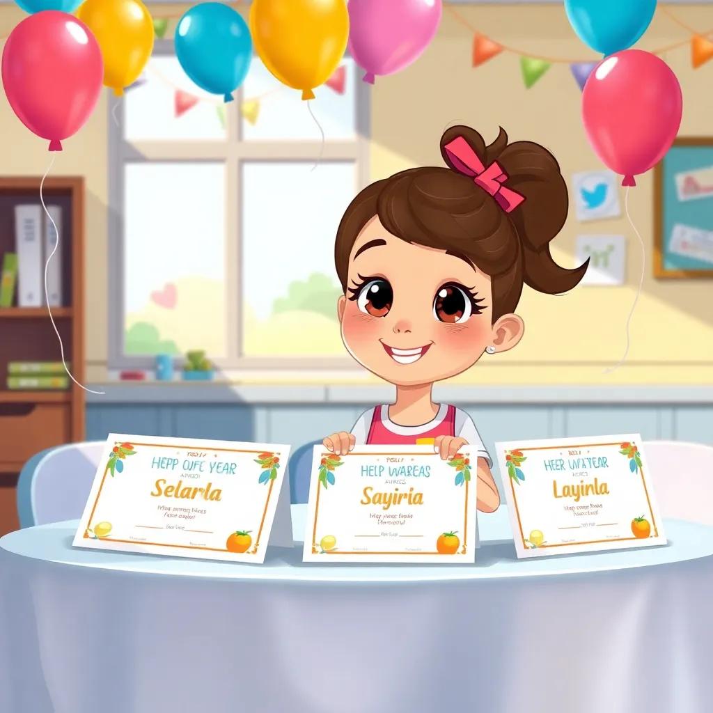 Layla at the end of the year party in school, with her hygiene awards displayed on a table, balloons and decorations around, illustration, festive and joyful, high quality