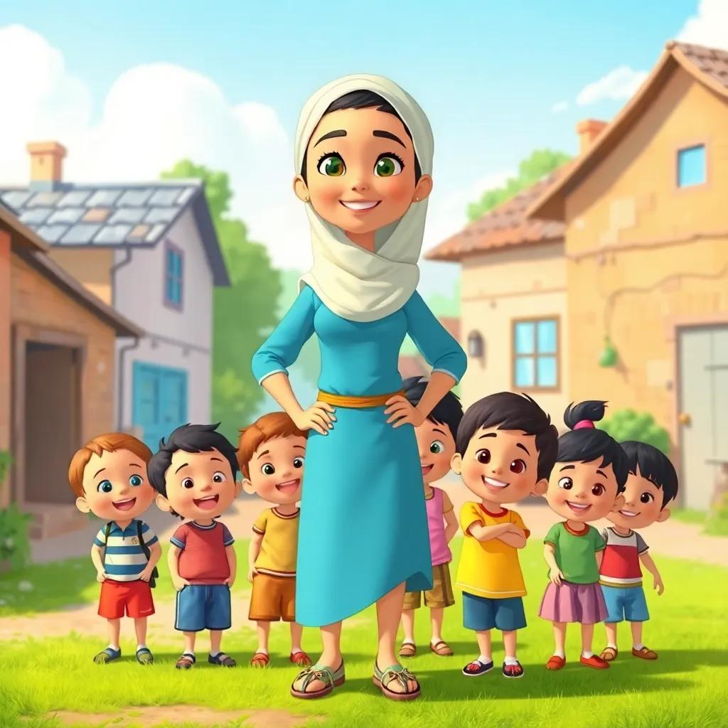 Layla, now a role model for cleanliness, standing proudly with a group of happy children in her town, bright sunny day in the background, illustration, uplifting and heartwarming scene, high quality