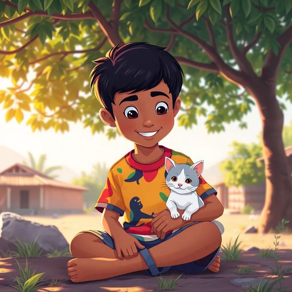 A young Arab boy, Ali, with short black hair, wearing a colorful t-shirt and shorts, sitting under a tree in a village, looking at a small white cat named Lulu on his lap, cheerful atmosphere, bright colors, digital art, child-friendly