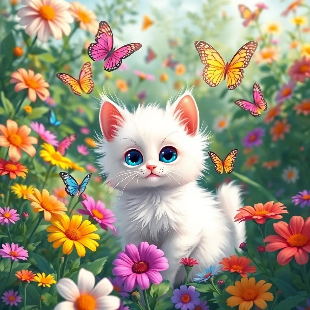 A small fluffy white cat, Lulu, with big blue eyes, playing with colorful butterflies in a lush green garden, vibrant flowers all around, sunny day, illustration, joyful scene, inviting
