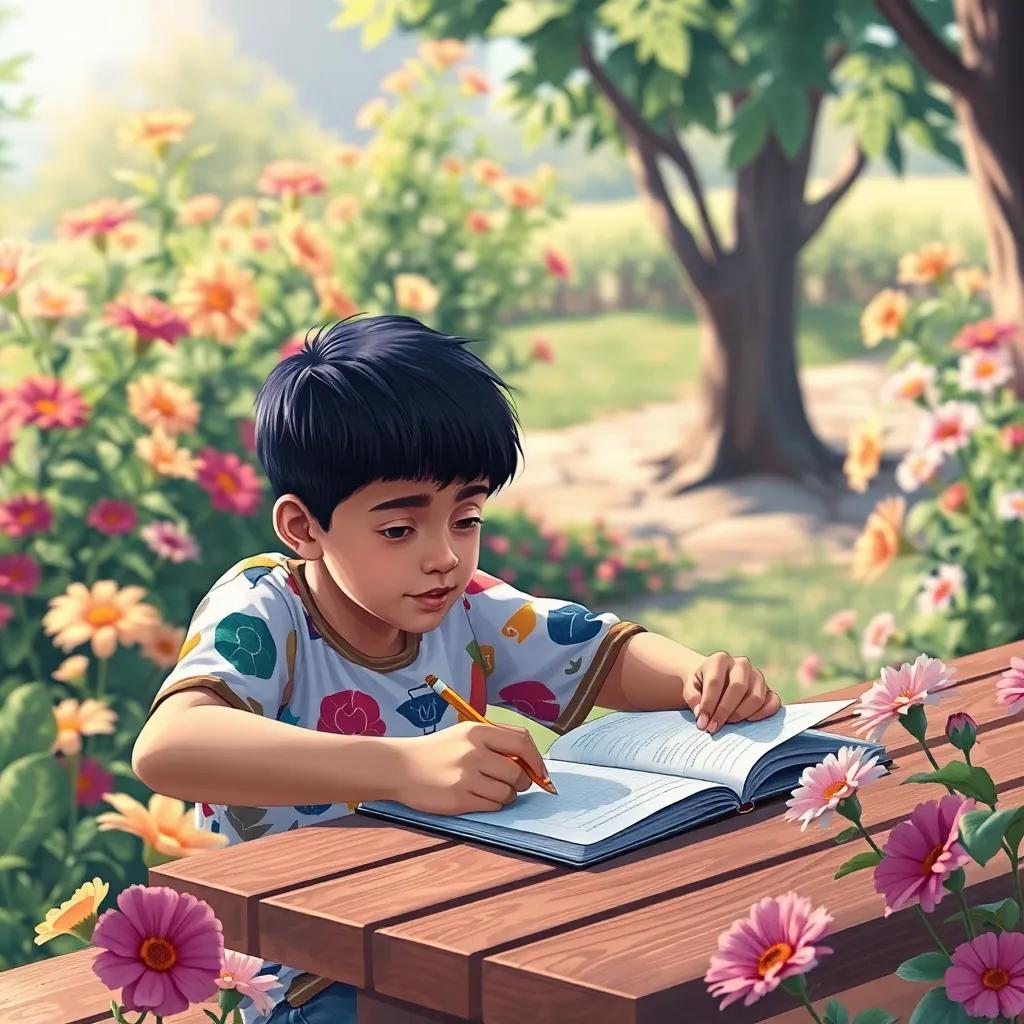 Ali, a young Arab boy with short black hair in a colorful t-shirt, writing in a notebook with a pencil, sitting at a picnic table surrounded by flowers, bright and cheerful setting, detailed art, educational