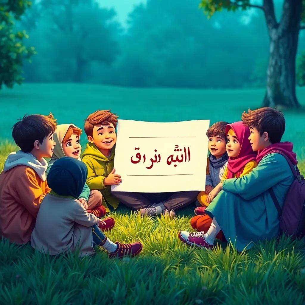 Ali teaching his friends, a group of cheerful children with different costumes, sitting on the grass, listening intently while he writes 'الطفل الصغير' on a large paper, engaging environment, happy faces, colorful