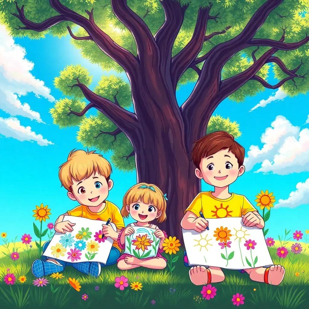 Children drawing together, colorful drawings of flowers and skies, under a big tree with a bright blue sky, sunny day, playful atmosphere, vibrant and fun