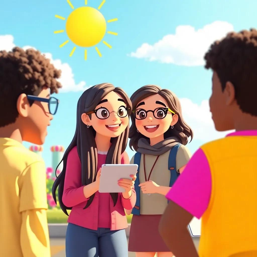 Ali leading a group of friends in a fun learning session about adjectives, cheerful expressions, colorful surroundings, bright sunny day, whimsical